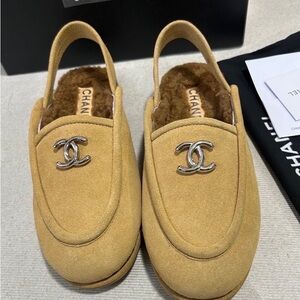 CHANEL Tan Loafers with Silver Logo